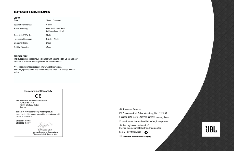 JBL GTO16T User Manual | Page 4 / 4