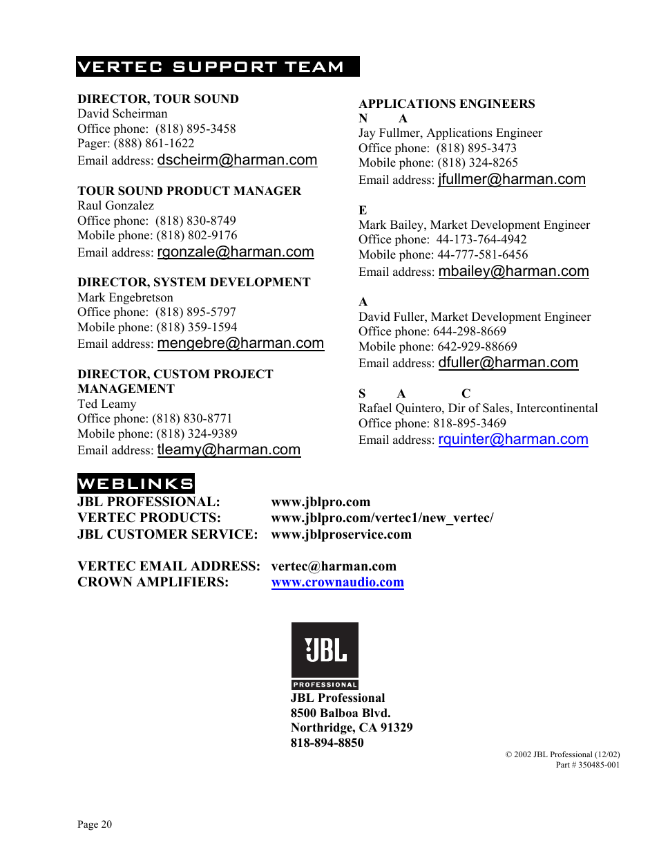 Vertec support team, Weblinks | JBL Vertec Series VT4880 User Manual | Page 20 / 20