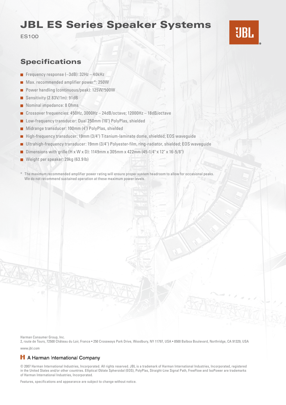 Jbl es series speaker systems, Specifications | JBL ES100 User Manual | Page 2 / 2