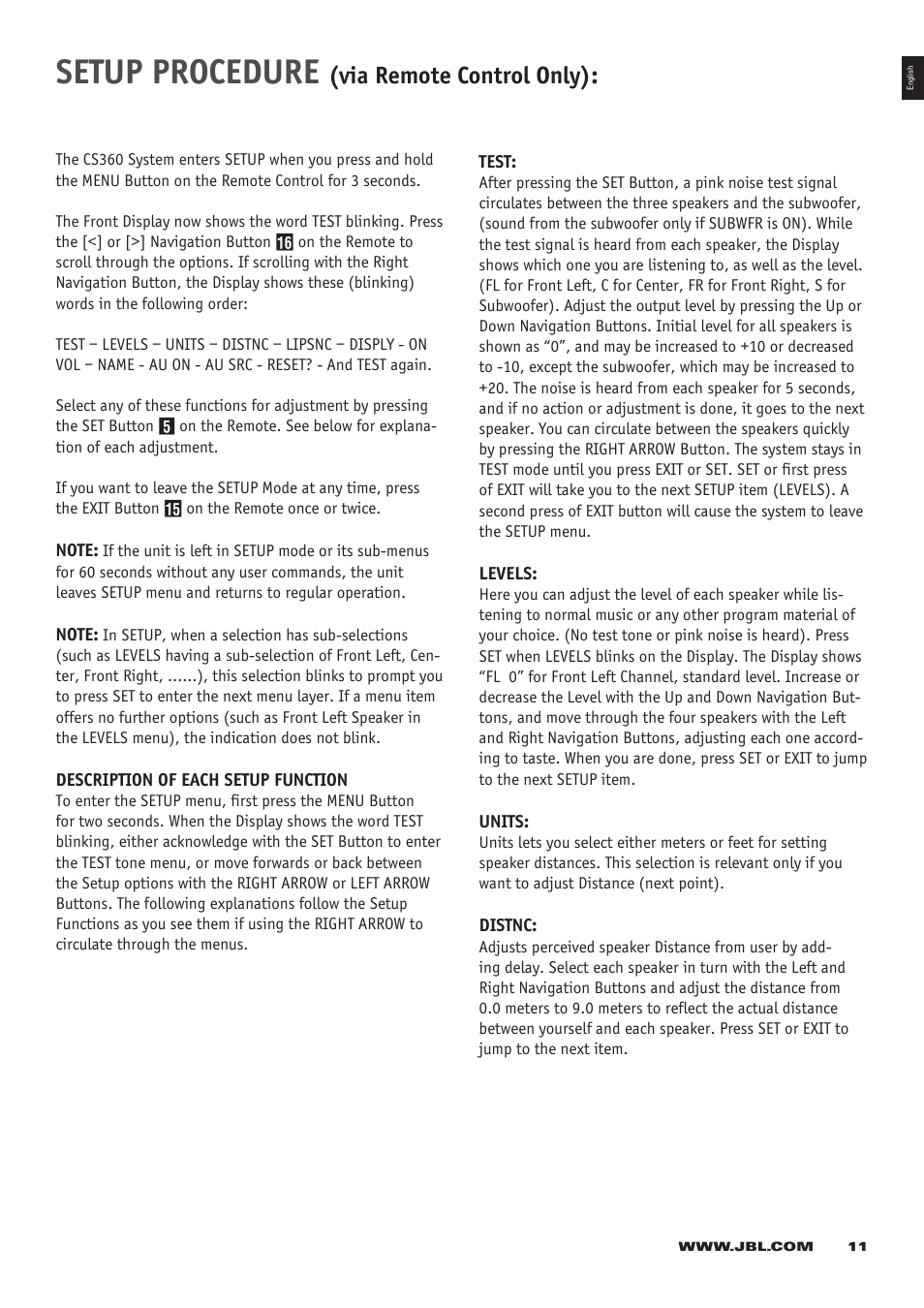 Setup procedure, Via remote control only) | JBL CS 360 Xcite User Manual | Page 11 / 16