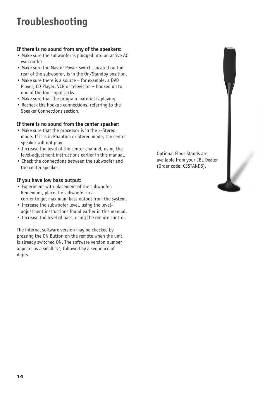 Troubleshooting | JBL CS 360 Xcite User Manual | Page 14 / 16