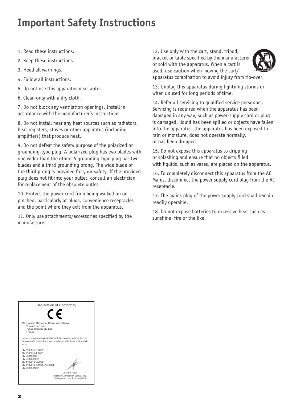 Important safety instructions | JBL CS 360 Xcite User Manual | Page 2 / 16