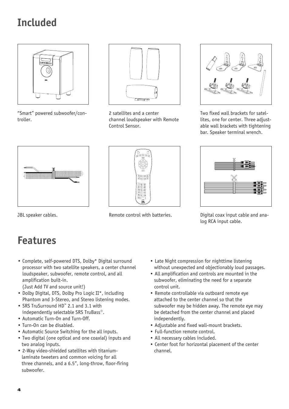 Features, Included | JBL CS 360 Xcite User Manual | Page 4 / 16