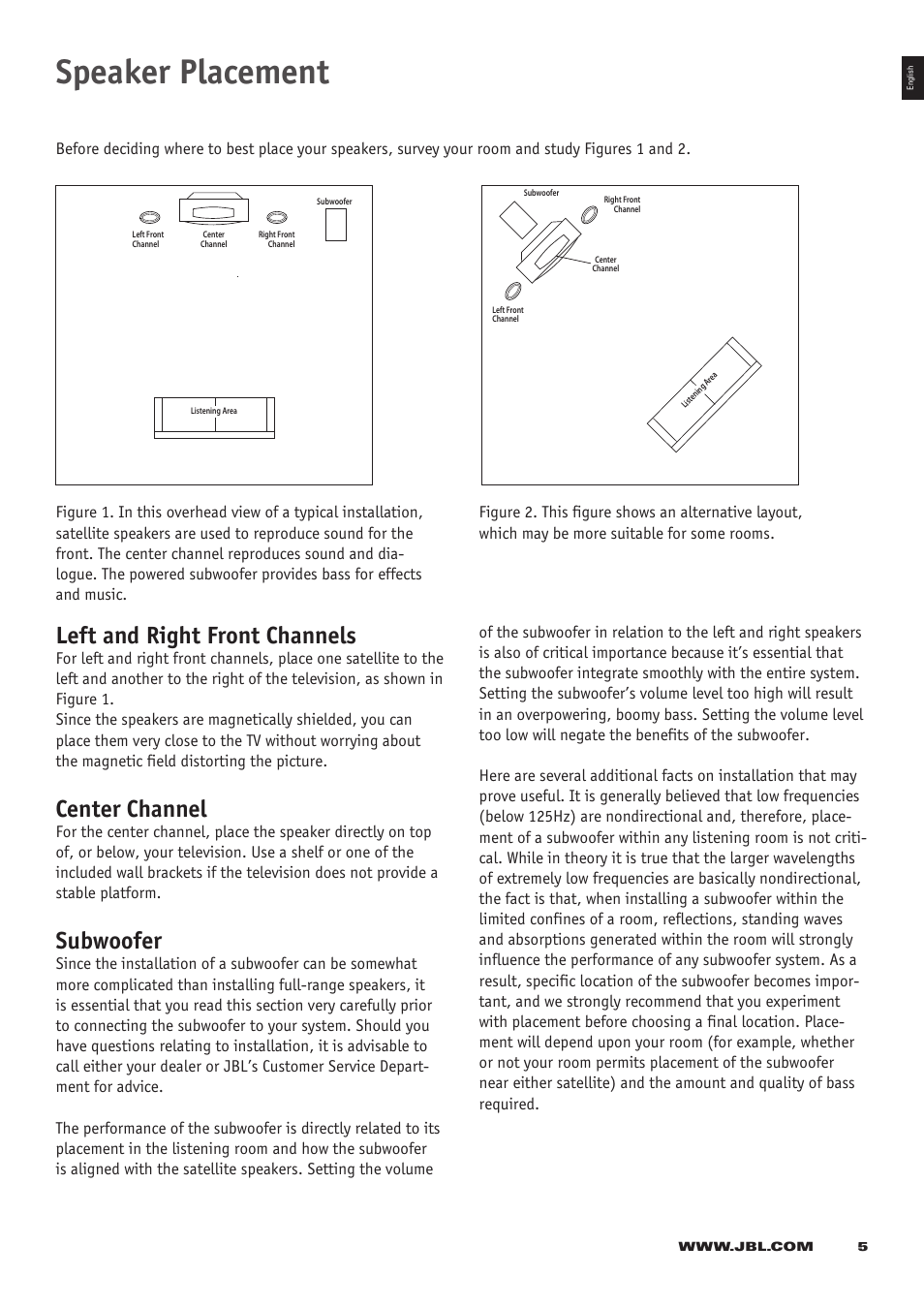 Speaker placement, Left and right front channels, Center channel | Subwoofer | JBL CS 360 Xcite User Manual | Page 5 / 16