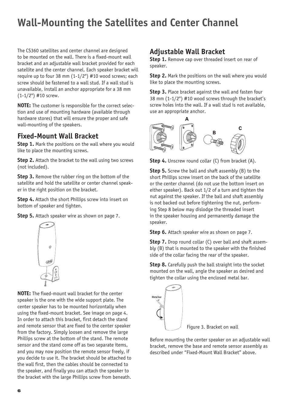 Wall-mounting the satellites and center channel, Fixed-mount wall bracket, Adjustable wall bracket | JBL CS 360 Xcite User Manual | Page 6 / 16