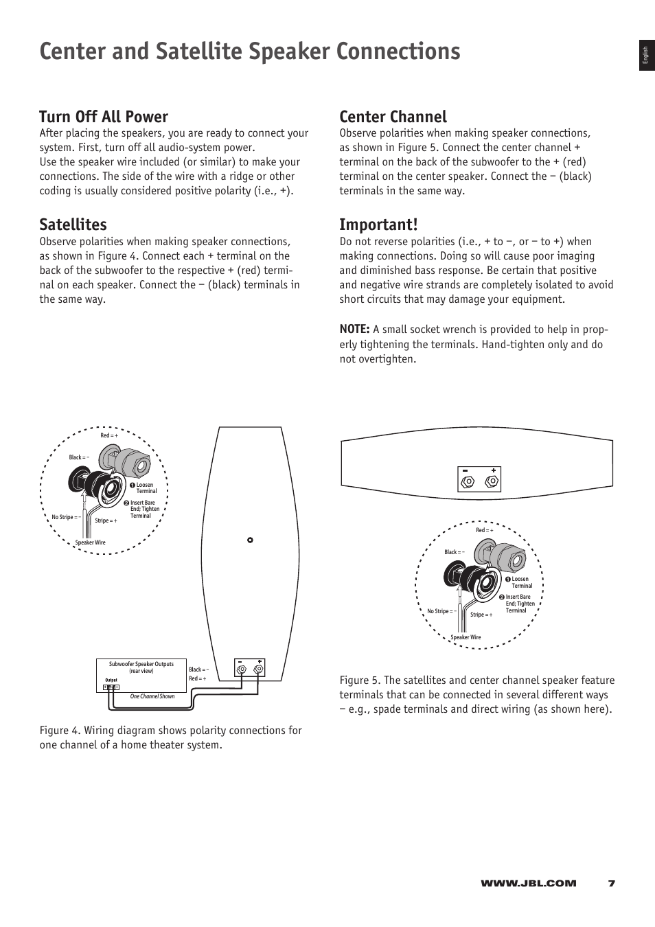 Center and satellite speaker connections, Turn off all power, Satellites | Center channel, Important | JBL CS 360 Xcite User Manual | Page 7 / 16