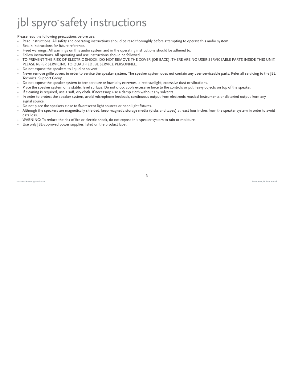 Jbl spyro safety instructions | JBL spyro User Manual | Page 3 / 68