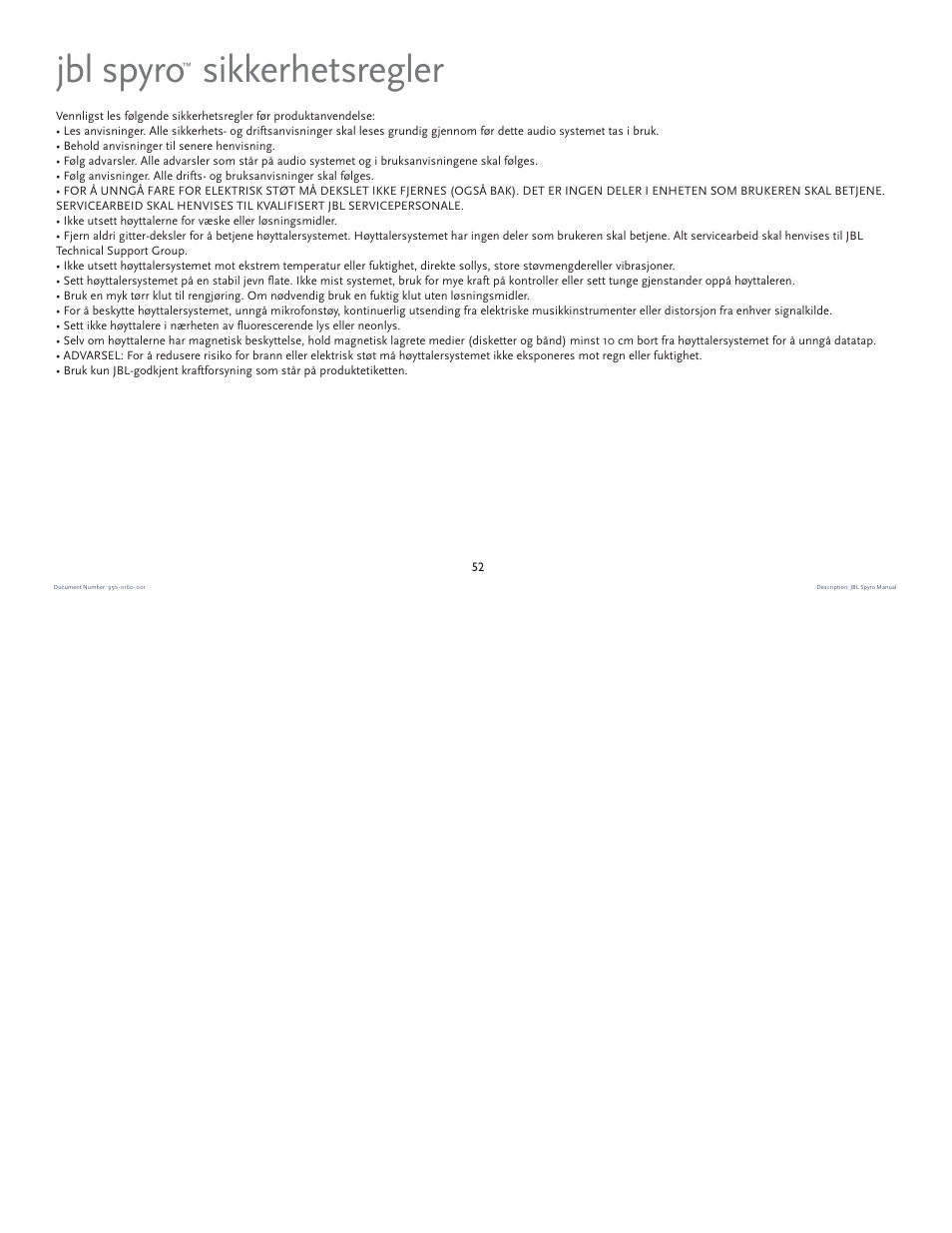 Jbl spyro sikkerhetsregler | JBL spyro User Manual | Page 52 / 68