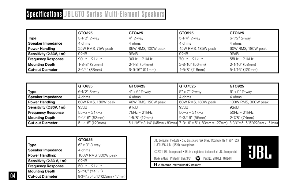 JBL GTO6425 User Manual | Page 4 / 4