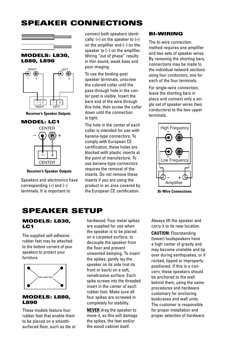 Speaker connections, Speaker setup | JBL STUDIO L830 User Manual | Page 2 / 4