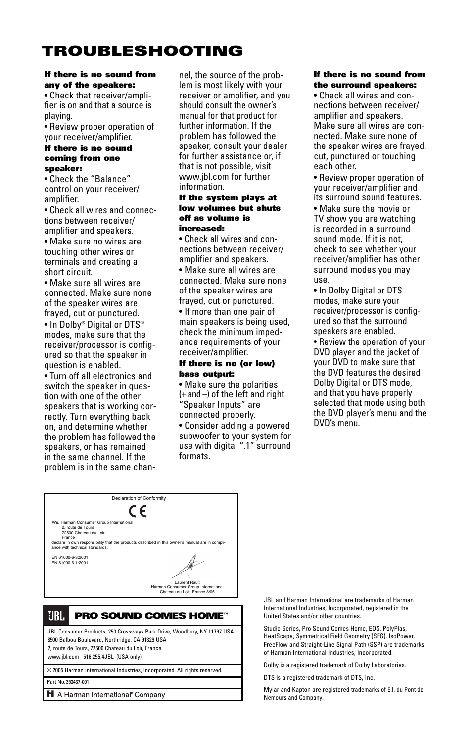 Troubleshooting, Digital or dts, Pro sound comes home | JBL STUDIO L830 User Manual | Page 4 / 4