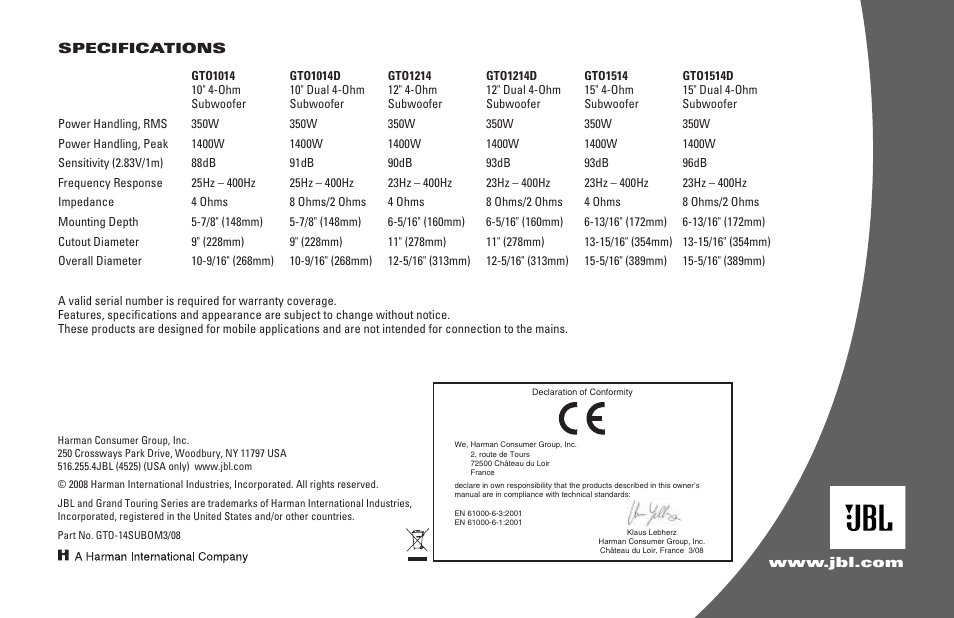 JBL GTO OM 1214 User Manual | Page 4 / 4