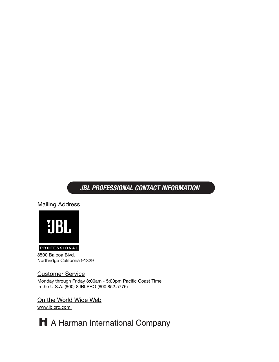 Jbl professional contact information | JBL EON Sub G2 User Manual | Page 15 / 15