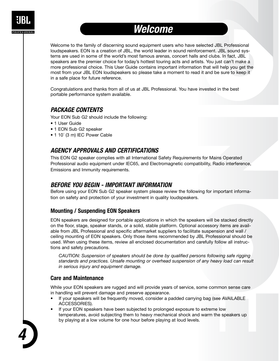 Welcome | JBL EON Sub G2 User Manual | Page 3 / 15