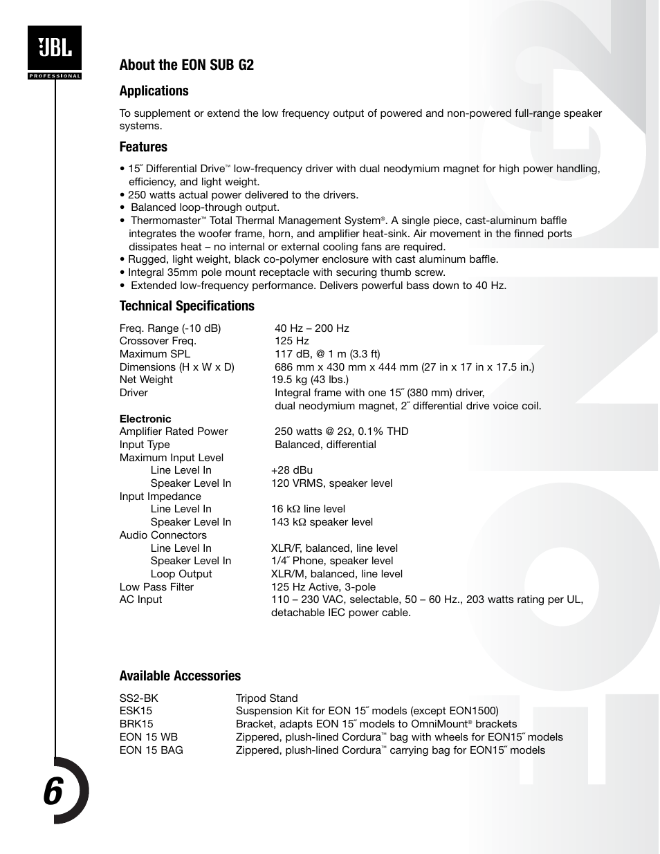 About the eon sub g2, Applications, Features | Technical specifications, Available accessories | JBL EON Sub G2 User Manual | Page 5 / 15