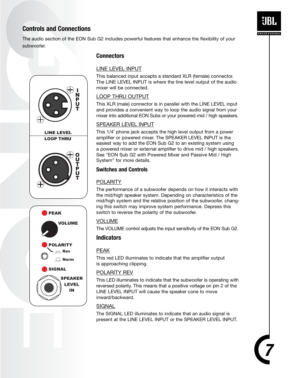 Controls and connections | JBL EON Sub G2 User Manual | Page 6 / 15