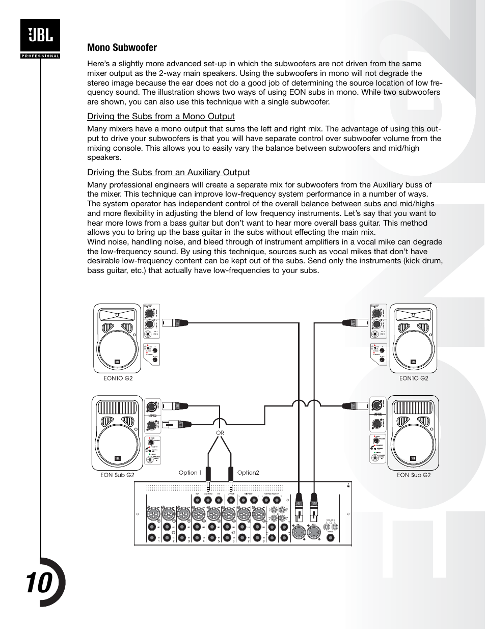 Mono subwoofer, Driving the subs from a mono output, Driving the subs from an auxiliary output | JBL EON Sub G2 User Manual | Page 9 / 15