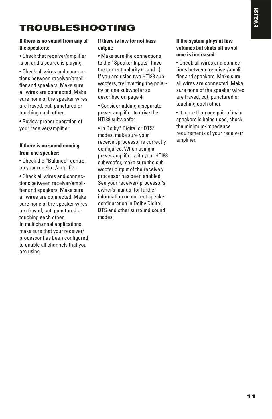 Troubleshooting | JBL HTI88 User Manual | Page 11 / 12