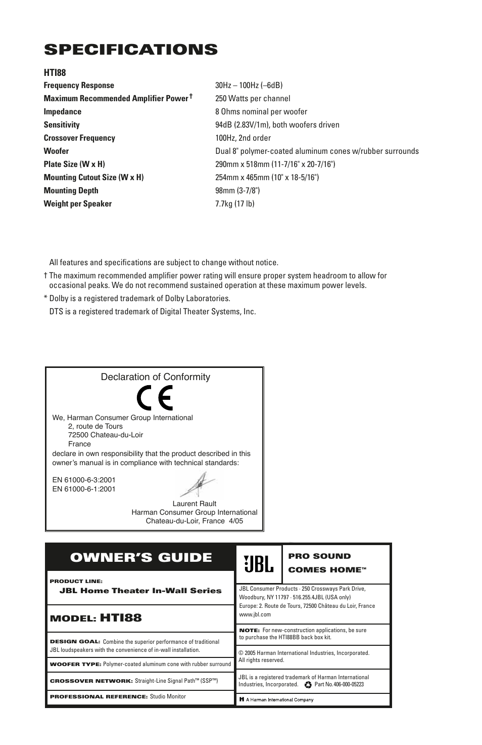 Specifications, Owner’s guide, Hti88 | Declaration of conformity | JBL HTI88 User Manual | Page 12 / 12