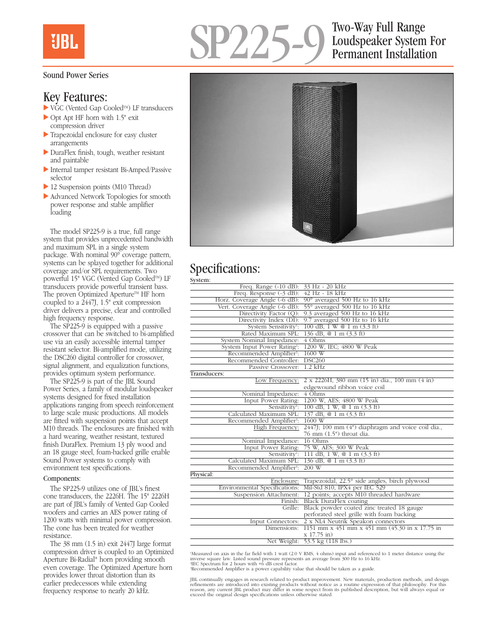 JBL Two-Way Full Range Loudspeaker System For Permanent Installation SP225-9 User Manual | 4 pages