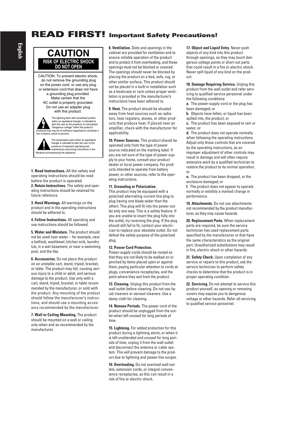 Caution, Read first, English | Important safety precautions, Risk of electric shock do not open | JBL Northridge E Series E150P User Manual | Page 2 / 8