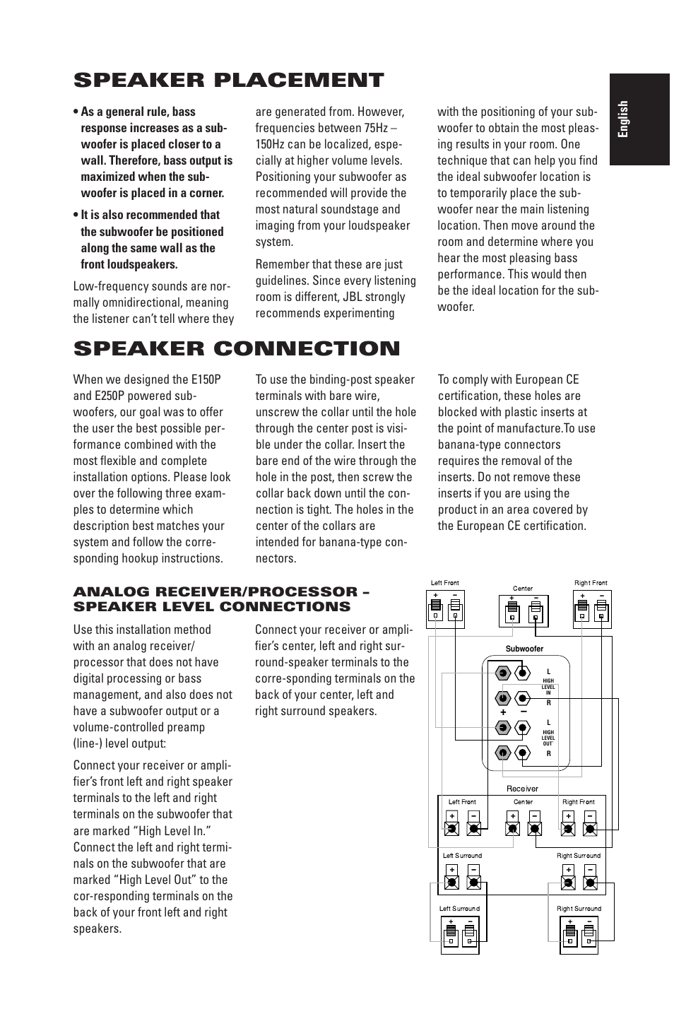 Speaker placement, Speaker connection, English | JBL Northridge E Series E150P User Manual | Page 3 / 8