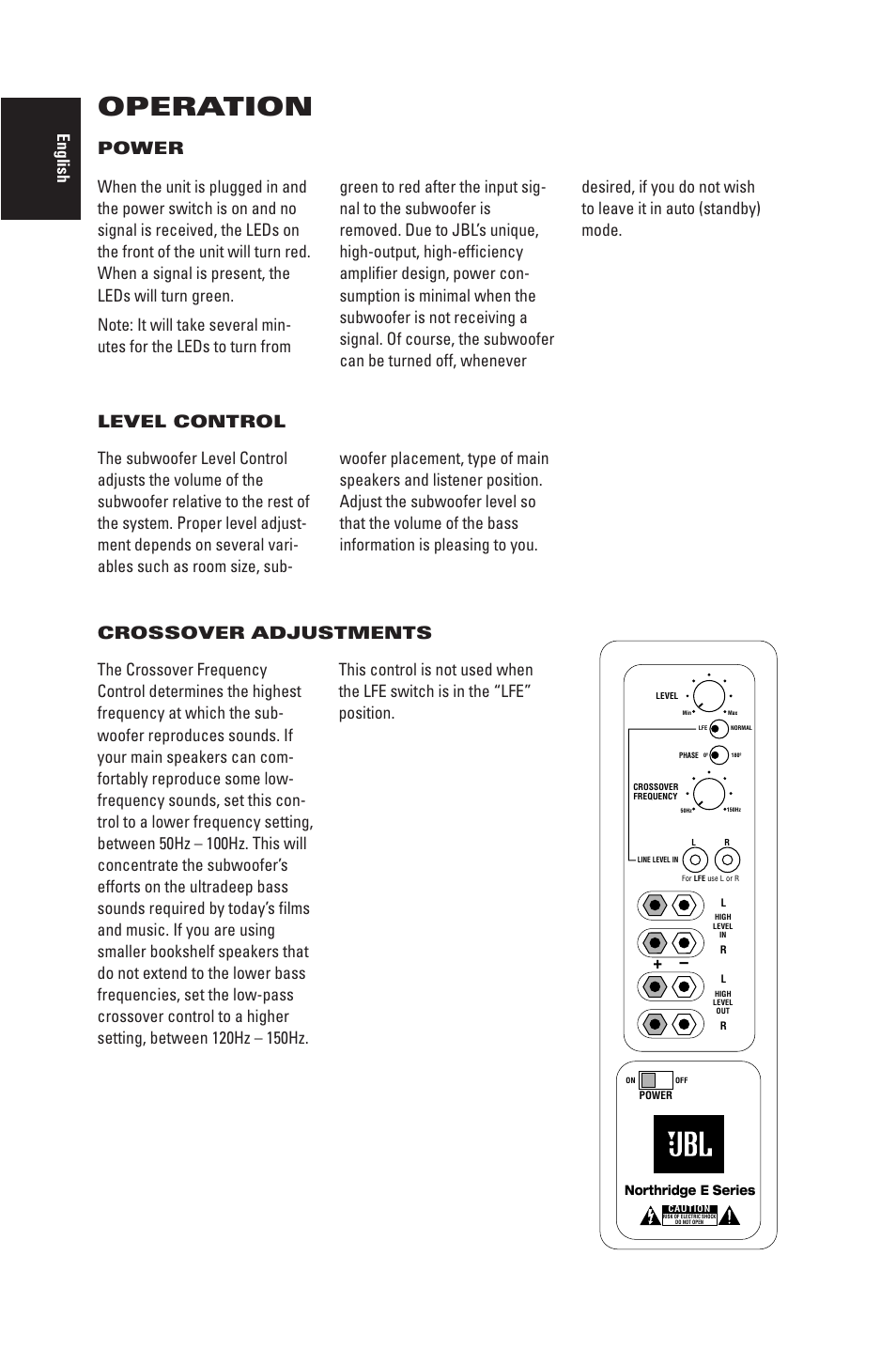 Operation, English, Level control power | JBL Northridge E Series E150P User Manual | Page 6 / 8