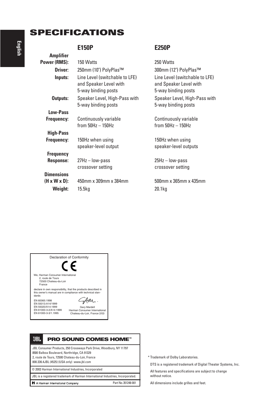 Specifications | JBL Northridge E Series E150P User Manual | Page 8 / 8