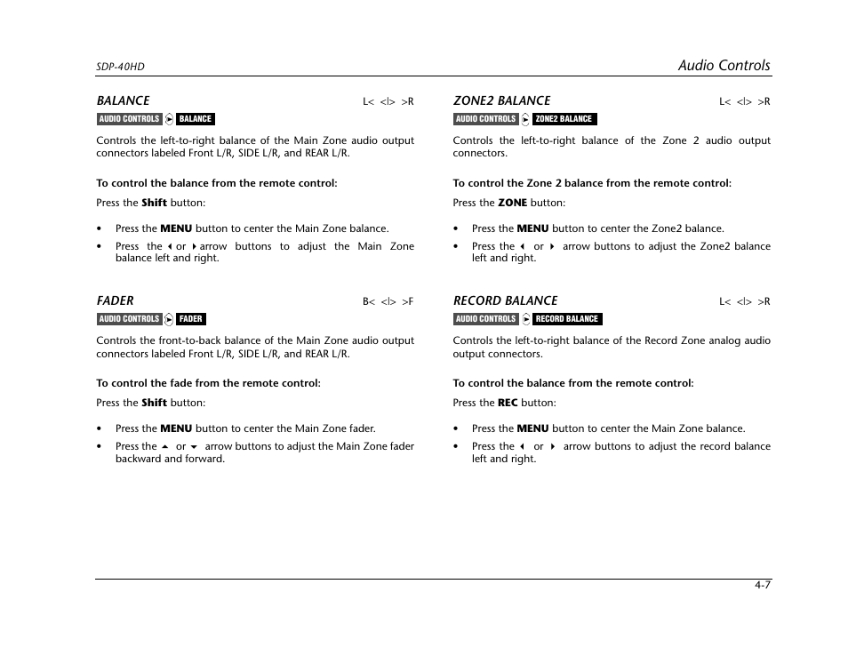 Audio controls | JBL SYNTHESIS SDP-40HD User Manual | Page 107 / 190