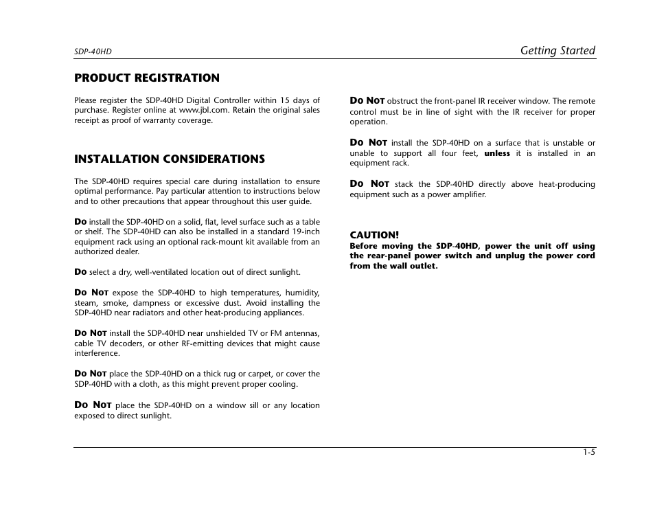 Getting started, Product registration, Installation considerations | JBL SYNTHESIS SDP-40HD User Manual | Page 11 / 190