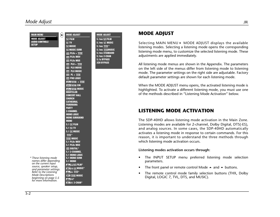 Mode adjust -2, Listening mode activation -2, Mode adjust | Listening mode activation | JBL SYNTHESIS SDP-40HD User Manual | Page 110 / 190