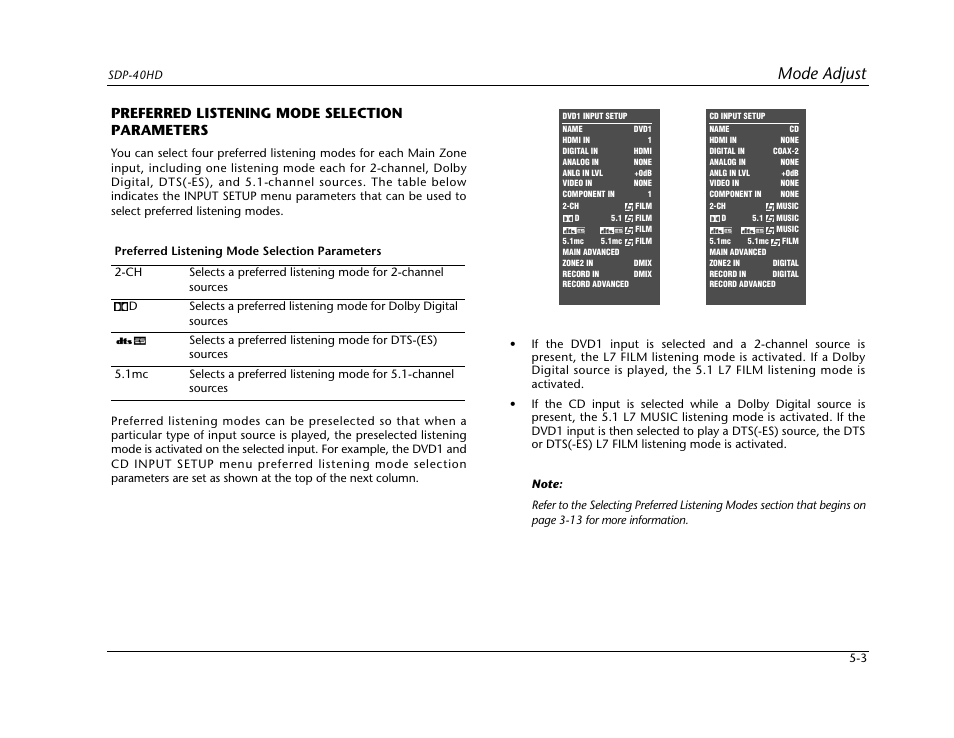 Preferred listening mode selection parameters -3, Mode adjust, Preferred listening mode selection parameters | JBL SYNTHESIS SDP-40HD User Manual | Page 111 / 190