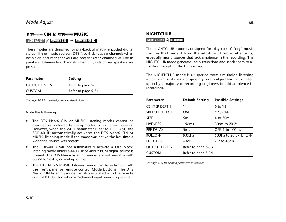 Mode adjust | JBL SYNTHESIS SDP-40HD User Manual | Page 118 / 190