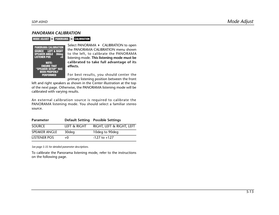 Mode adjust, Panorama calibration | JBL SYNTHESIS SDP-40HD User Manual | Page 121 / 190