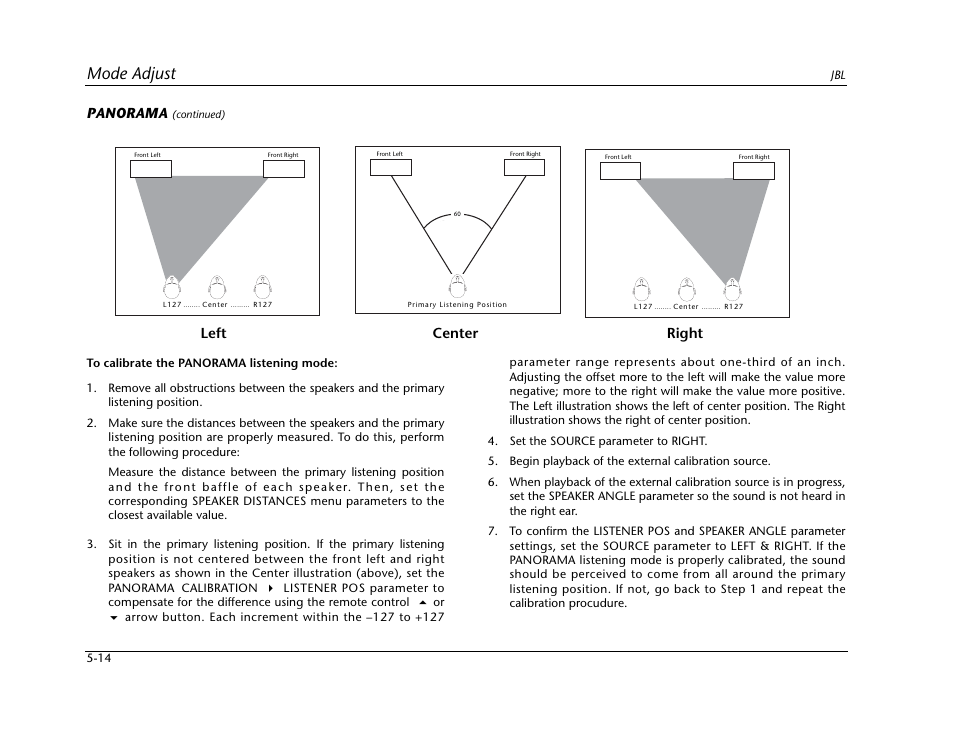 Mode adjust, Panorama, Left right center | JBL SYNTHESIS SDP-40HD User Manual | Page 122 / 190