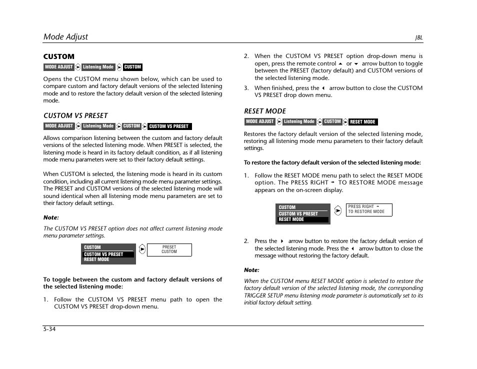 Mode adjust, Custom, Custom vs preset | Reset mode | JBL SYNTHESIS SDP-40HD User Manual | Page 142 / 190