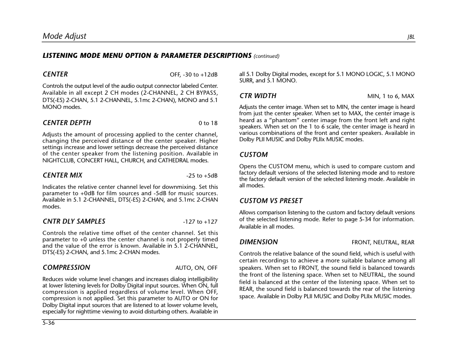 Mode adjust | JBL SYNTHESIS SDP-40HD User Manual | Page 144 / 190