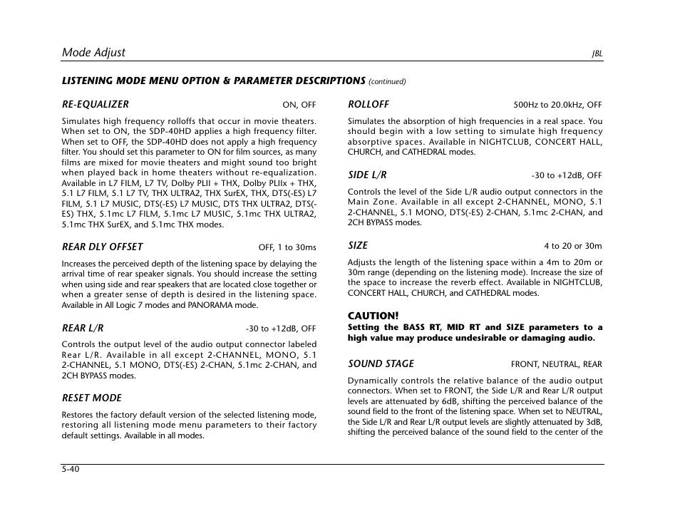 Mode adjust | JBL SYNTHESIS SDP-40HD User Manual | Page 148 / 190