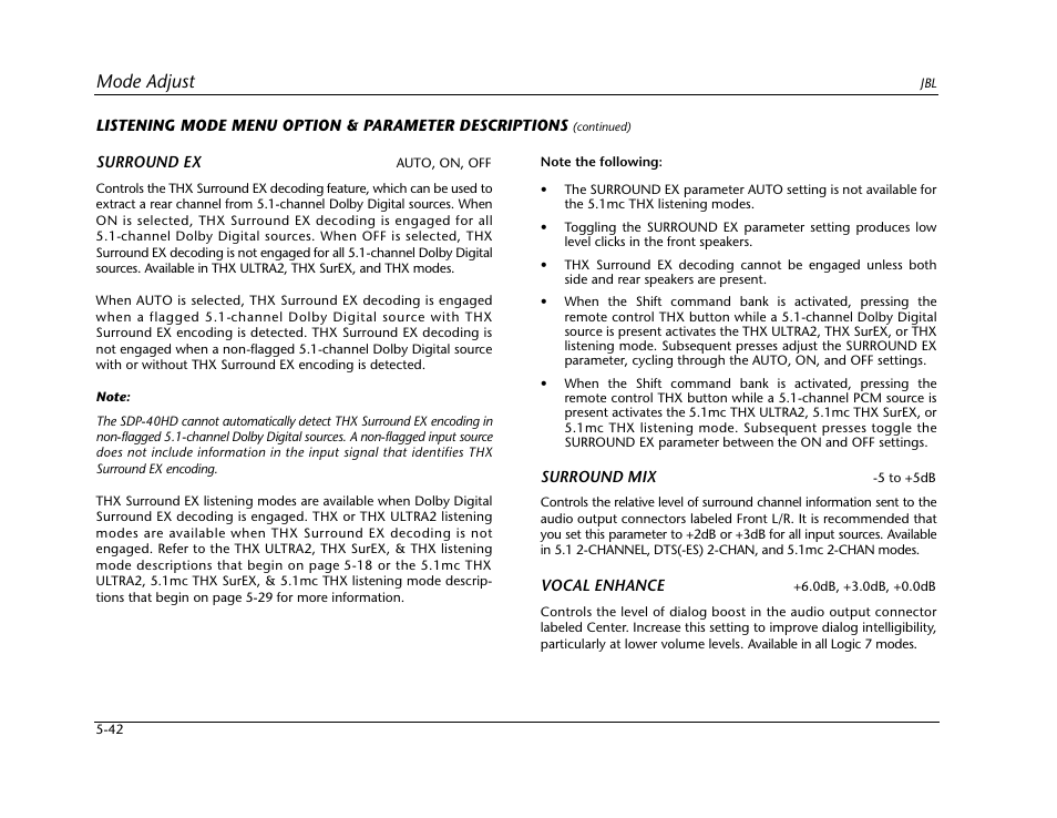 Mode adjust | JBL SYNTHESIS SDP-40HD User Manual | Page 150 / 190