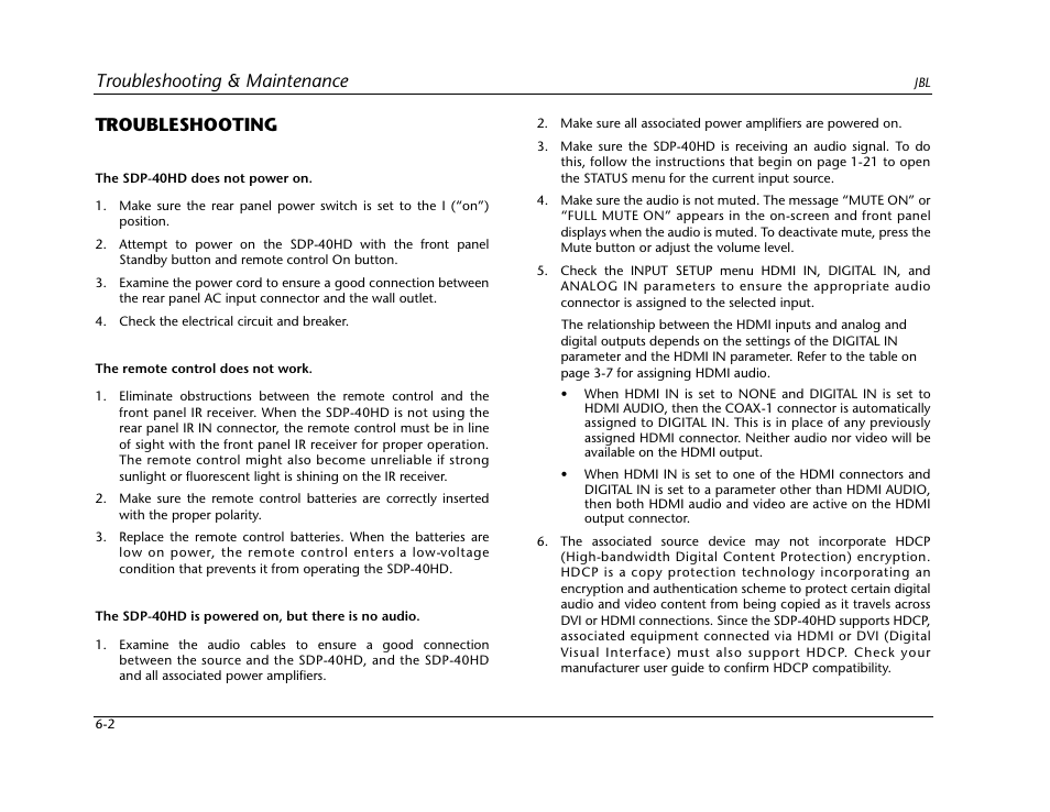 Troubleshooting & maintenance, Troubleshooting | JBL SYNTHESIS SDP-40HD User Manual | Page 156 / 190