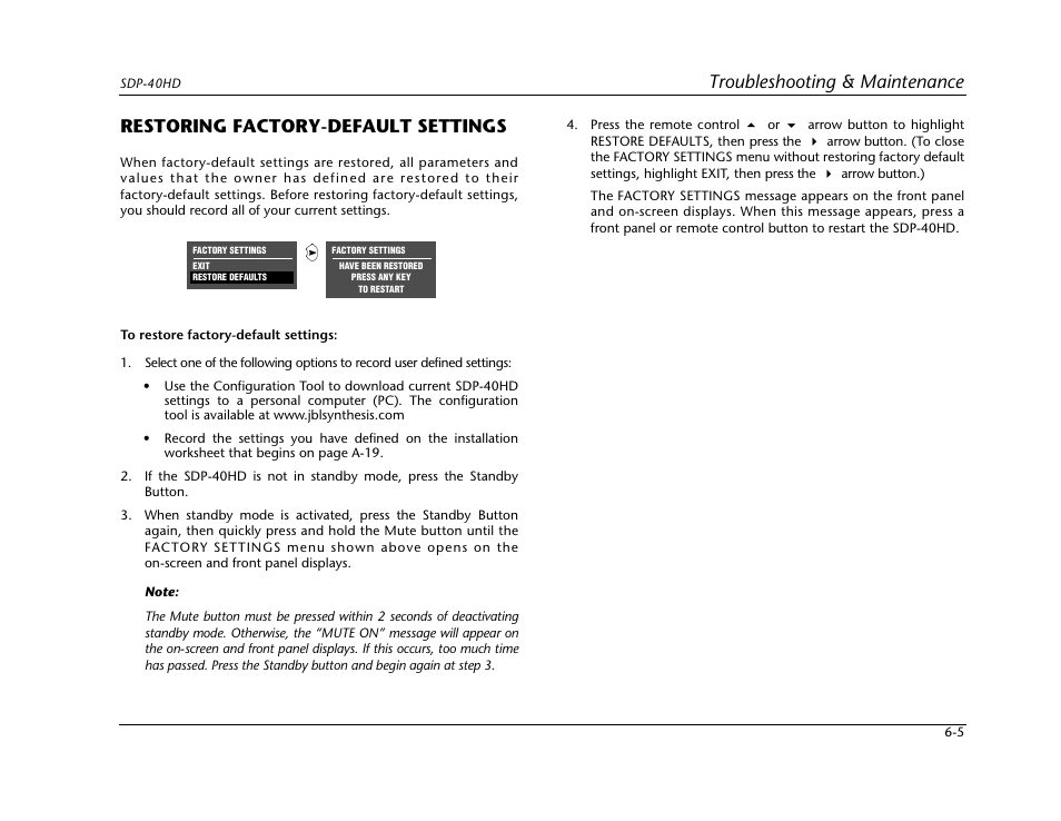 Troubleshooting & maintenance, Restoring factory-default settings | JBL SYNTHESIS SDP-40HD User Manual | Page 159 / 190