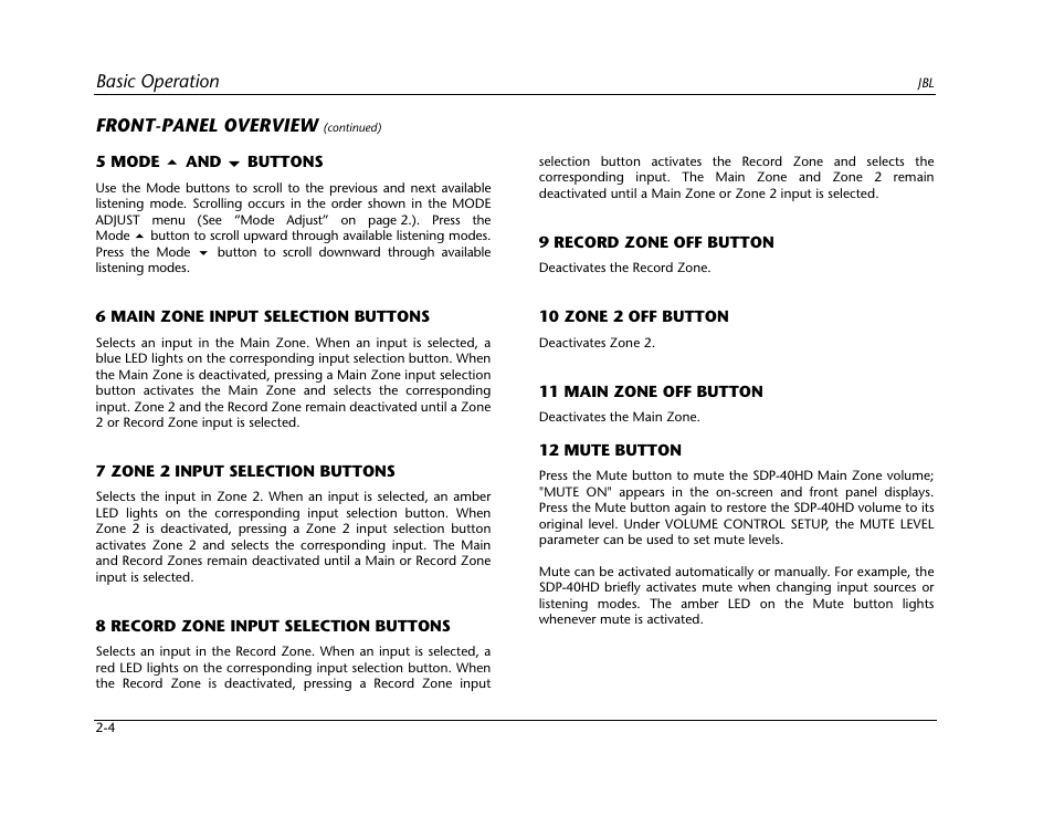 Basic operation, Front-panel overview | JBL SYNTHESIS SDP-40HD User Manual | Page 16 / 190