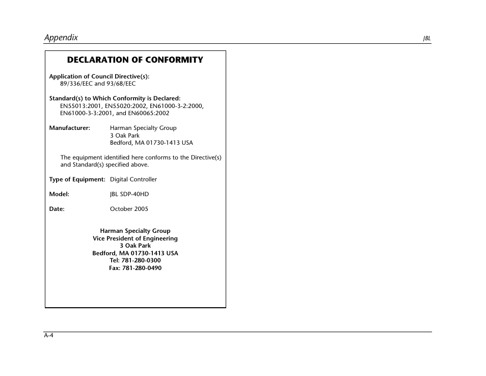 Declaration of conformity, Appendix | JBL SYNTHESIS SDP-40HD User Manual | Page 164 / 190