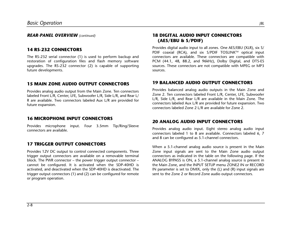 Basic operation | JBL SYNTHESIS SDP-40HD User Manual | Page 20 / 190