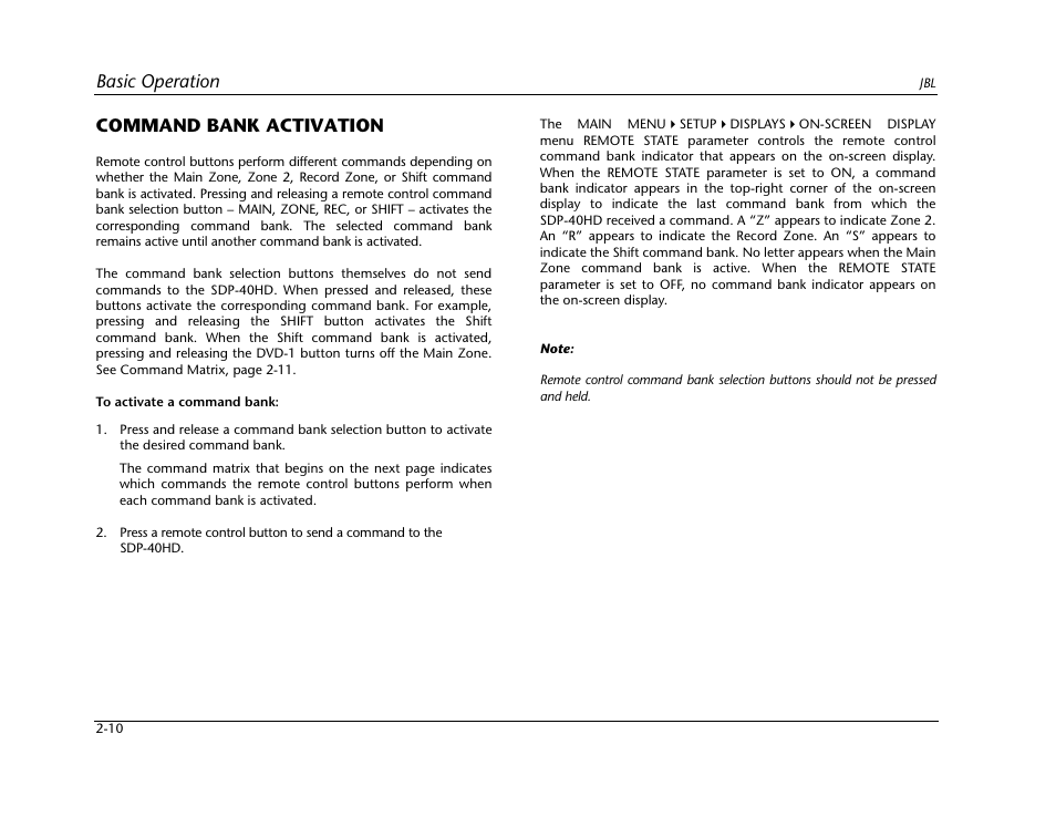 Command bank activation -10, Basic operation, Command bank activation | JBL SYNTHESIS SDP-40HD User Manual | Page 22 / 190