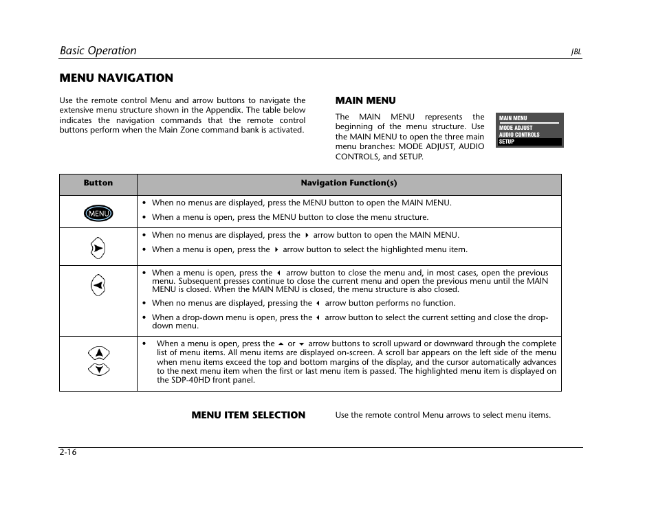 Menu navigation -16, Main menu -16 menu item selection -17, Basic operation | Menu navigation | JBL SYNTHESIS SDP-40HD User Manual | Page 28 / 190