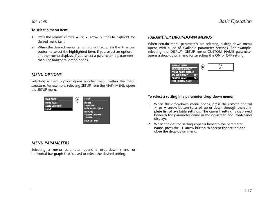 Basic operation, Menu options, Menu parameters | Parameter drop-down menus | JBL SYNTHESIS SDP-40HD User Manual | Page 29 / 190