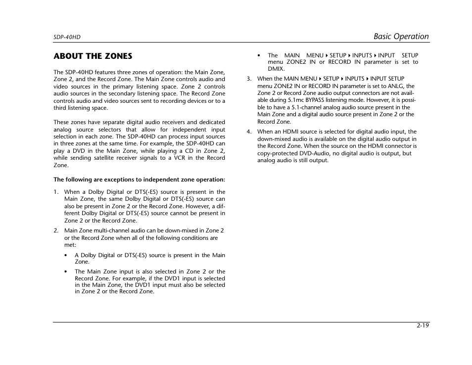 About the zones -19, Basic operation, About the zones | JBL SYNTHESIS SDP-40HD User Manual | Page 31 / 190