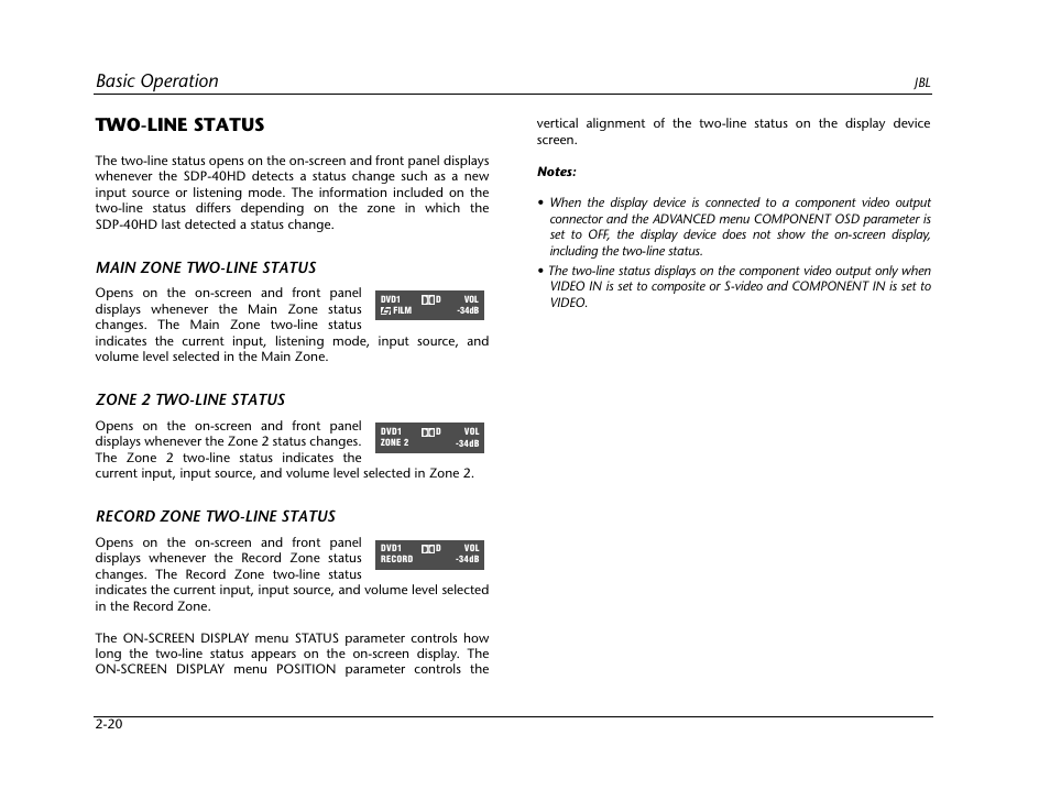 Two-line status -19, Basic operation, Two-line status | Main zone two-line status, Zone 2 two-line status, Record zone two-line status | JBL SYNTHESIS SDP-40HD User Manual | Page 32 / 190