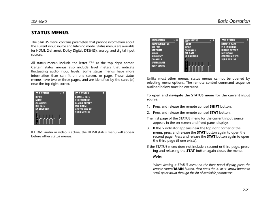 Status menus -20, Basic operation, Status menus | JBL SYNTHESIS SDP-40HD User Manual | Page 33 / 190